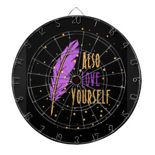 written in yellow and purple colour . dartboard