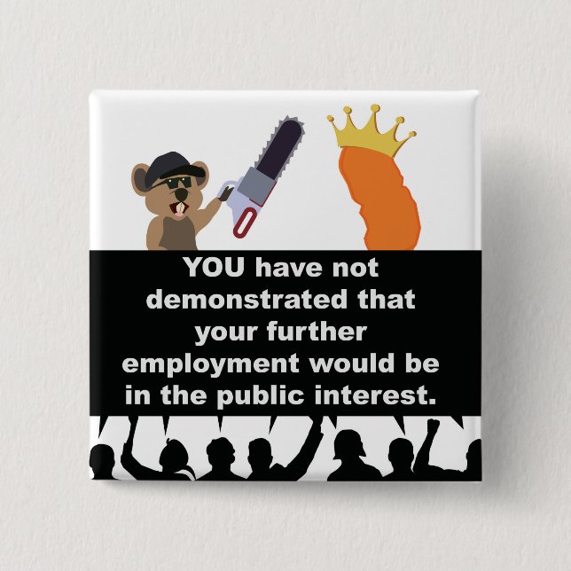 Wrongfully terminated by a muskrat and a cheat-o 15 cm square badge (Front)