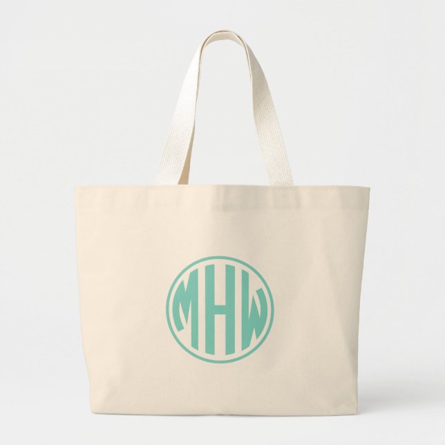 Wt Turq Aqua 3 Initial in a Circle Monogram DIY BG Large Tote Bag (Front)