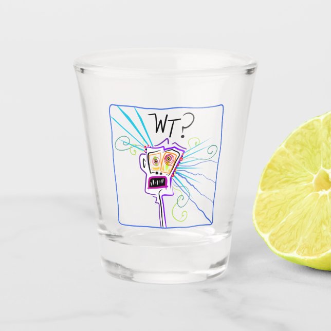 WT? WHAT THE ?? EMOJI Meemogie Shot Glass (Front)