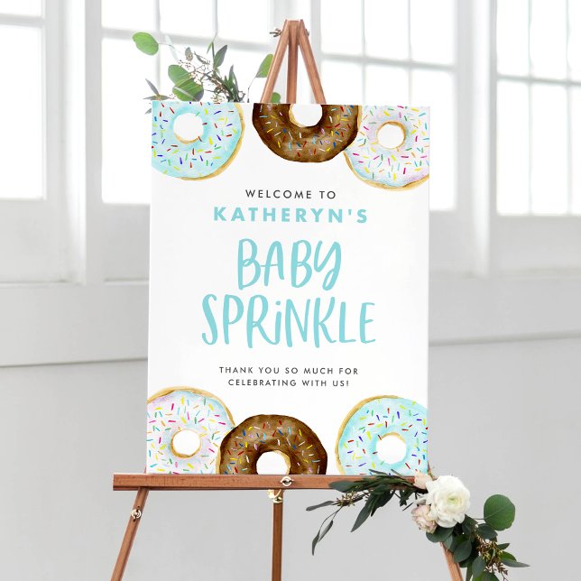 Wtercolor Blue and Chocolate Doughnuts Baby Sprink Poster (Watercolor Blue Donuts Baby Sprinkle Welcome Sign – Customizable Baby Shower Decor)