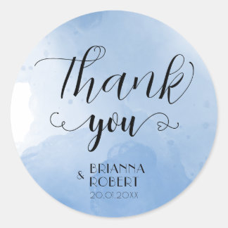 Wtercolor Blue Wedding Thank You Round Sticker