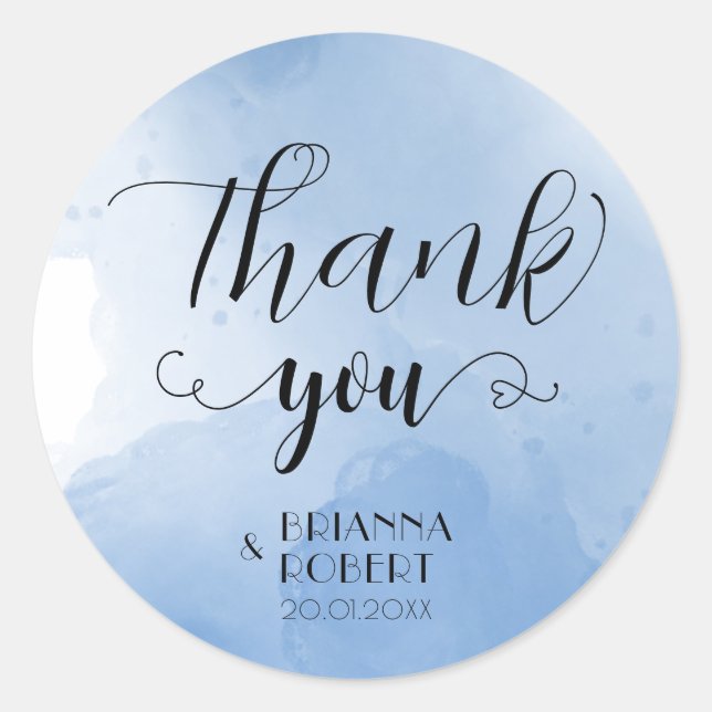 Wtercolor Blue Wedding Thank You Round Sticker (Front)
