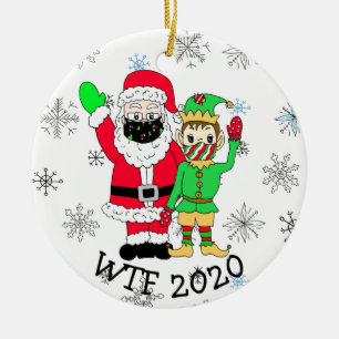 WTF 2020 Santa and  Elf in Facemask Ceramic Tree Decoration