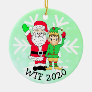 WTF 2020 Santa and  Elf in Facemask Ceramic Tree Decoration
