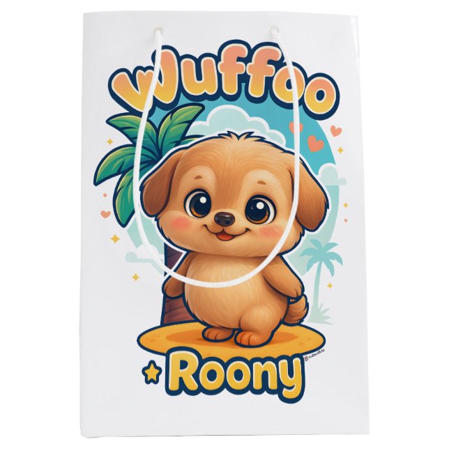 Wuffoo Roony Cute Kawaii Puppy Tropical Island  Medium Gift Bag (Front)