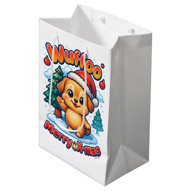 Wuffoo Roony Merry X-mas Kawaii 3D Holiday Medium Gift Bag (Front Angled)