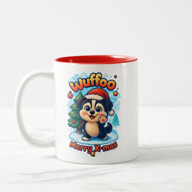 Wuffoo Surffie Merry X-mas Kawaii 3D Holiday Two-Tone Coffee Mug (Left)
