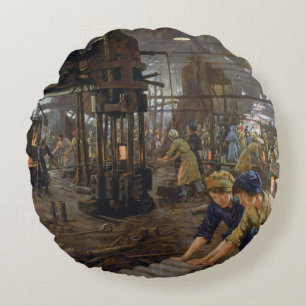 WW1 1918 Women Working at a Munitions a Factory Round Cushion