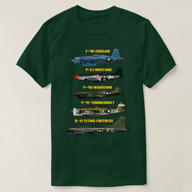 WW2 Warplane Warbirds B17 P51 Mustang F4U Corsair T-Shirt (Design Front)