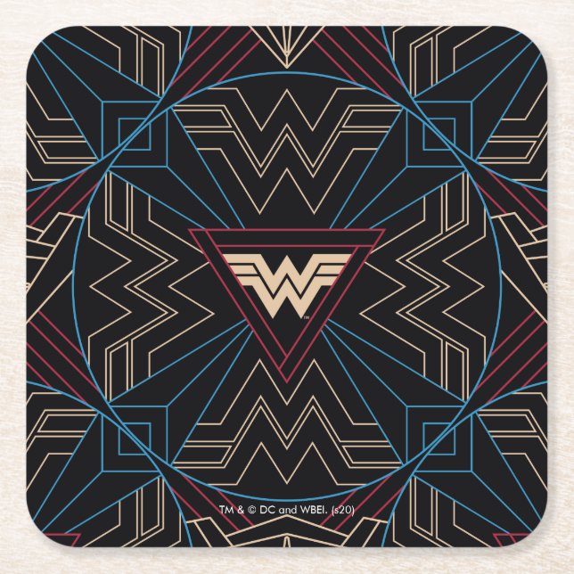 WW84 | Wonder Woman Circular Geometric Pattern Square Paper Coaster (Front)