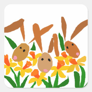 WW- Bunny Rabbits and Daffodils Art Square Sticker