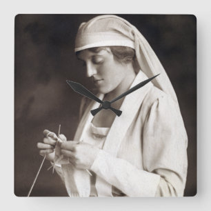 WWI Nurse knitting Sweater Square Wall Clock
