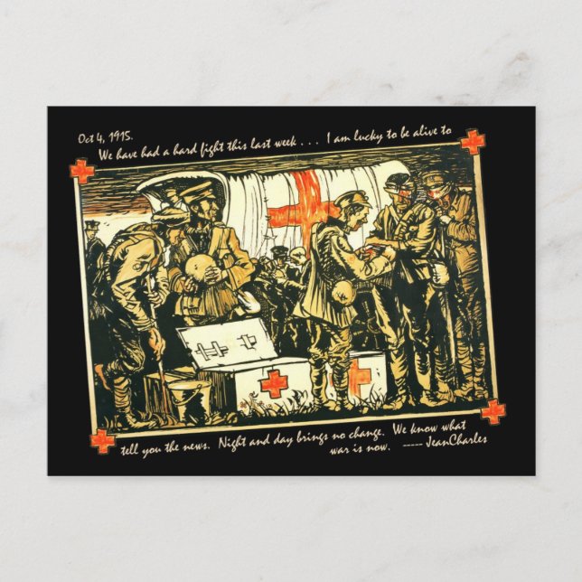 WWI Wounded Soldiers at Red Cross Truck Postcard (Front)