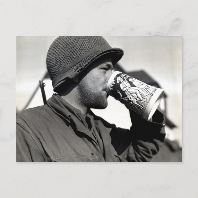 WWII American Soldier Drinking Beer Postcard (Front)
