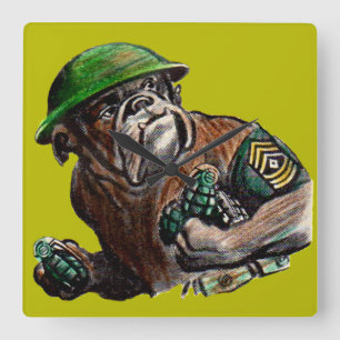 WWII bulldog dog soldier Sgt. Rover Square Wall Clock