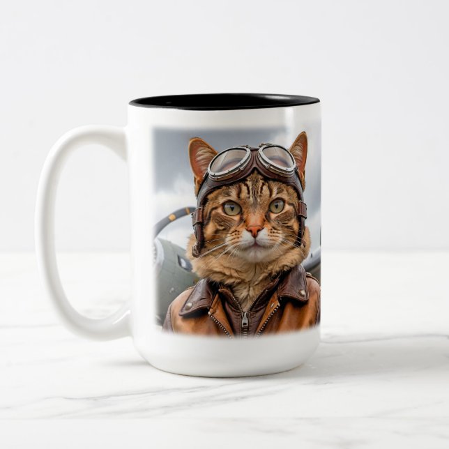 WWII Cat Fighter Pilot Two-Tone Coffee Mug (Left)