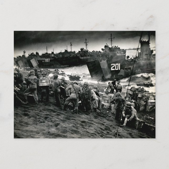WWII Marines offload Supplies on Iwo Jima Postcard (Front)