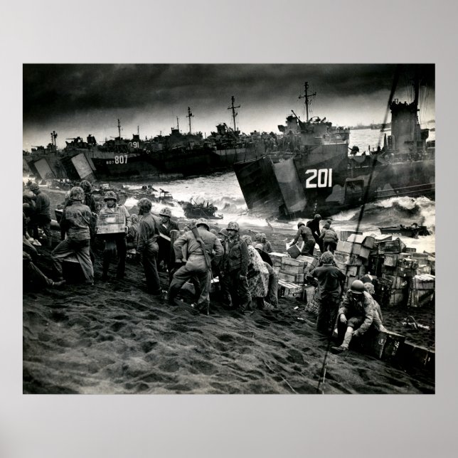 WWII Marines offload Supplies on Iwo Jima Poster (Front)