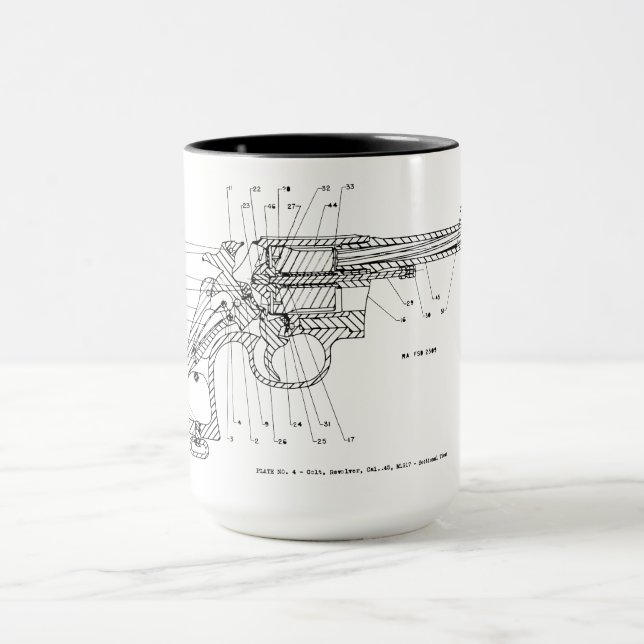 WWII PISTOL REVOLVER HANDGUN 45 CALIBER SCHEMATIC MUG (Center)