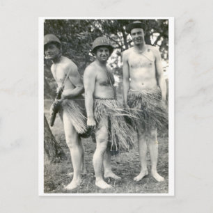 WWII soldiers in grass skirts Postcard