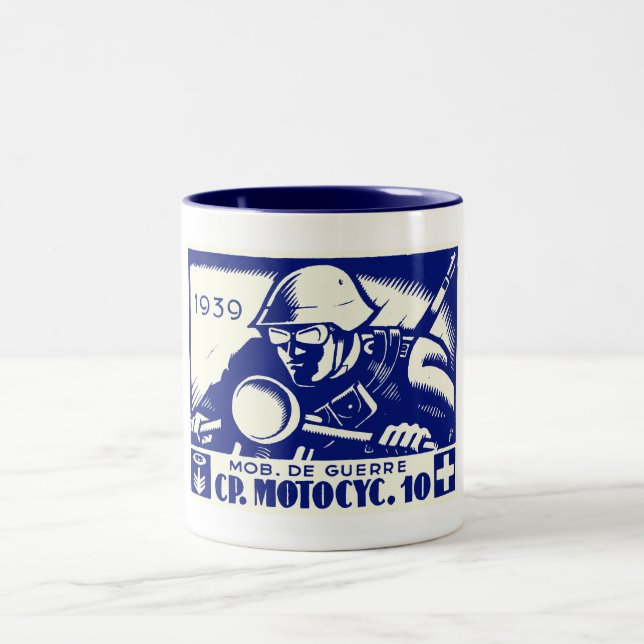 WWII Swiss Motorcycle Company, blue Two-Tone Coffee Mug (Center)
