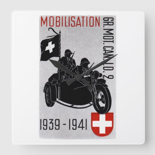 WWII Swiss Recon Motorcycle Square Wall Clock (Front)