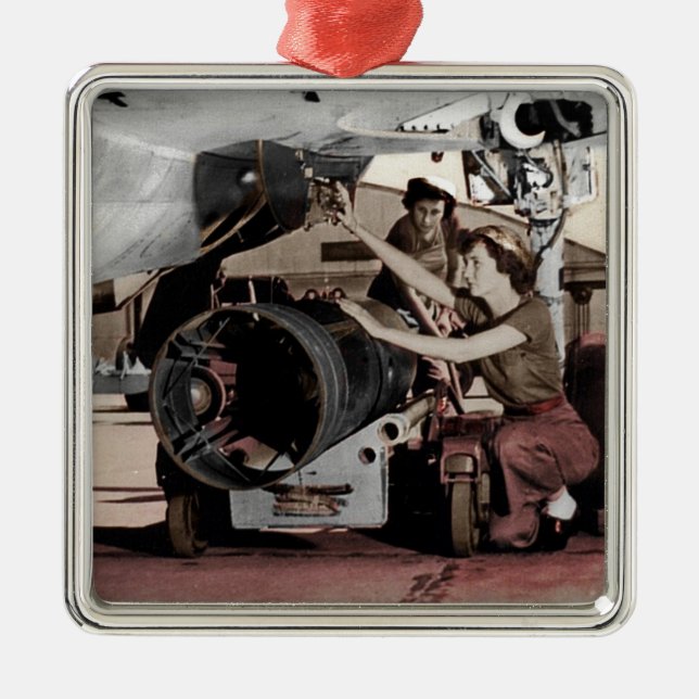 WWII Women Working on Aeroplane Metal Tree Decoration (Front)