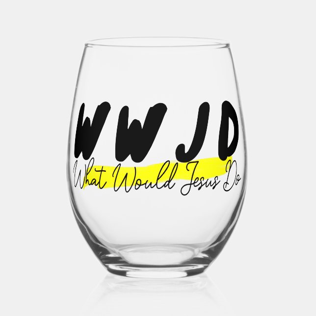 WWJD Stemless Wine Glass – Bold Black & Yellow (Front)