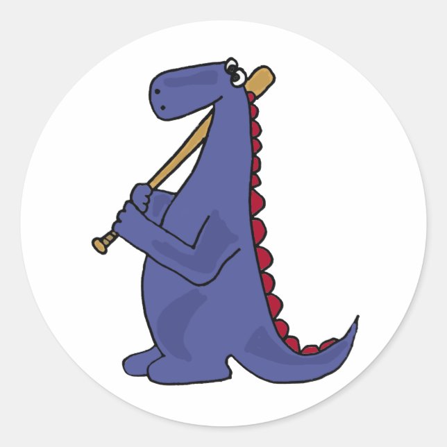 WX- Blue Dinosaur Playing Baseball Cartoon Classic Round Sticker (Front)