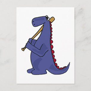WX- Blue Dinosaur Playing Baseball Cartoon Postcard