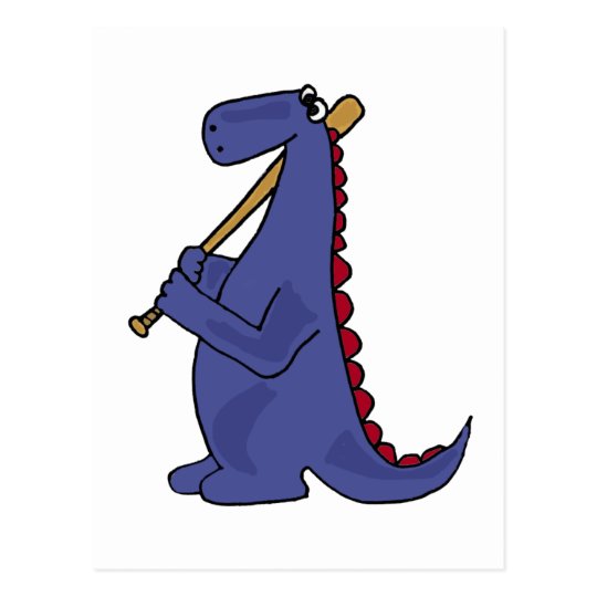 WX- Blue Dinosaur Playing Baseball Cartoon Postcard