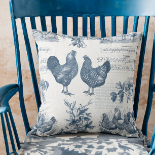Wyandottes Chicken and Rooster Blue Toile Cushion