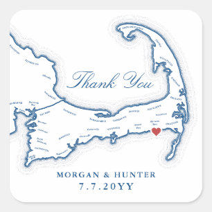 Wychmere Cape Cod Map Thank You Wedding Favour Square Sticker