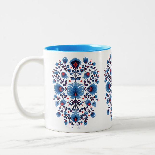  Wycinanki Lowicz Overture in Blue and Red Two-Tone Coffee Mug (Left)