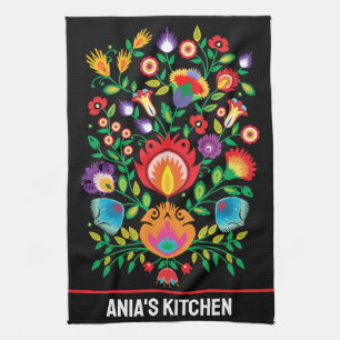 Wycinanki Petal Symphony in the Night Tea Towel