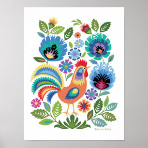 Wycinanki Rooster & Flowers on White, Polish Folk  Poster