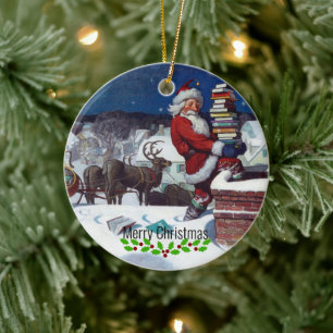 Wyeth - Santa Delivering Books for Christmas. Ceramic Tree Decoration