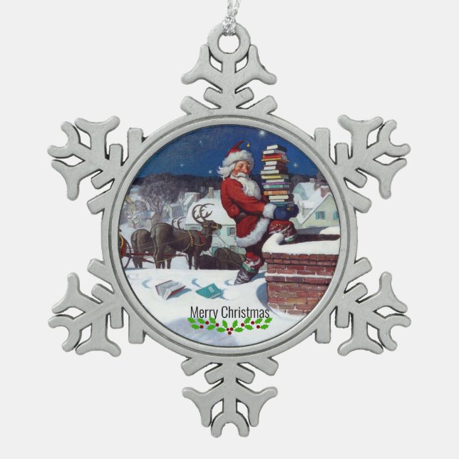 Wyeth - Santa Delivering Books for Christmas. Snowflake Pewter Christmas Ornament (Front)