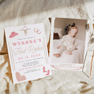 WYNONA Blush First Rodeo Cowgirl Photo Birthday Invitation