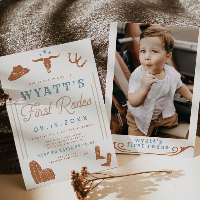 WYNONA Burnt Orange Blue Cowboy 1st Rodeo Birthday Invitation (Creator Uploaded)