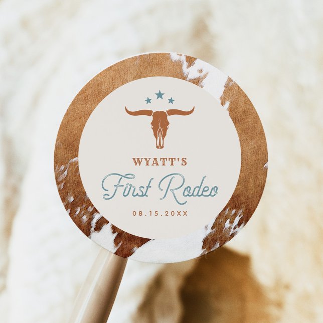 WYNONA First Rodeo Cowboy Birthday Party Classic Round Sticker (Creator Uploaded)
