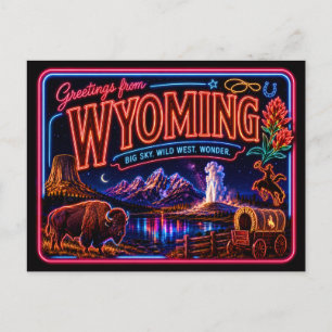 Wyoming Neon State Retro Vintage Postcard