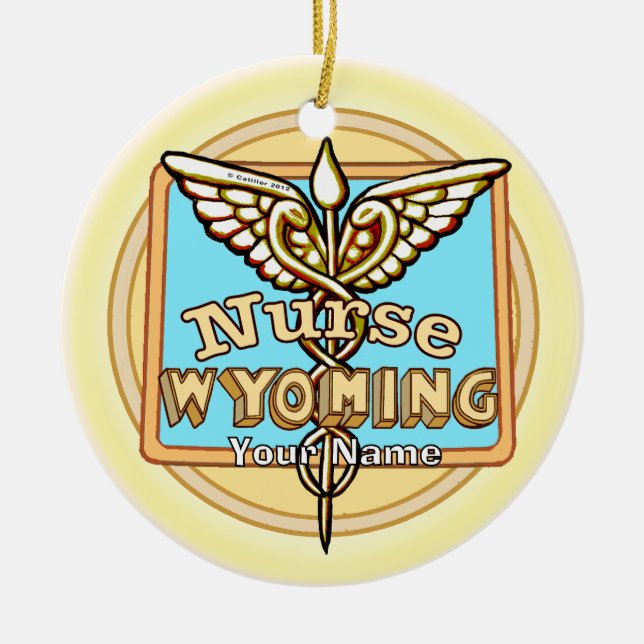 Wyoming Nurse Caduceus Ceramic Tree Decoration (Front)