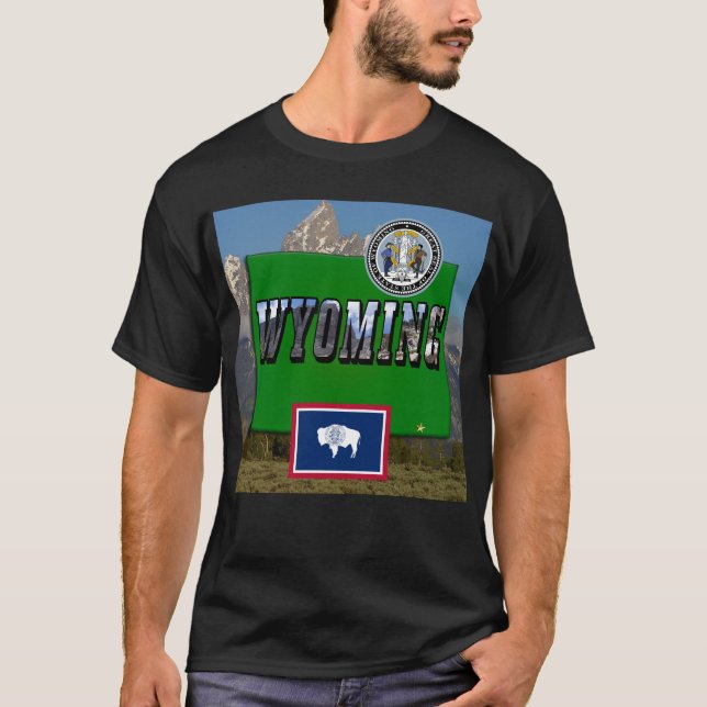 Wyoming Picture & Text, Map, Flag & State Seal T-Shirt (Front)