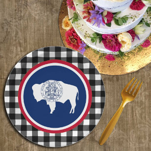 Wyoming Plate, buffalo plaid USA & Wyoming Flag Paper Plate