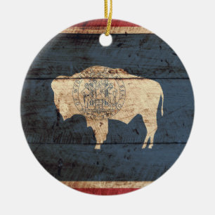 Wyoming State Flag on Old Wood Grain Ceramic Tree Decoration
