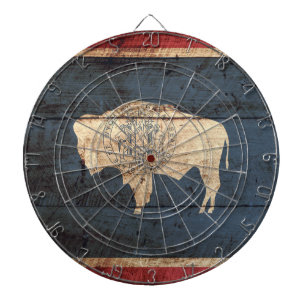Wyoming State Flag on Old Wood Grain Dartboard