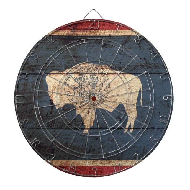 Wyoming State Flag on Old Wood Grain Dartboard (Front)