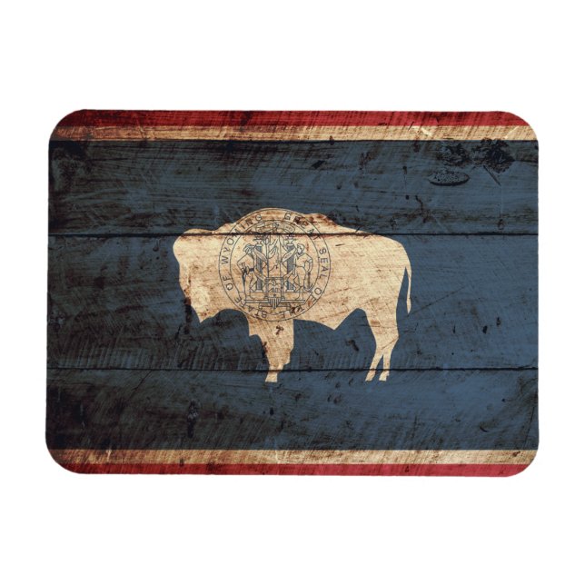 Wyoming State Flag on Old Wood Grain Magnet (Horizontal)